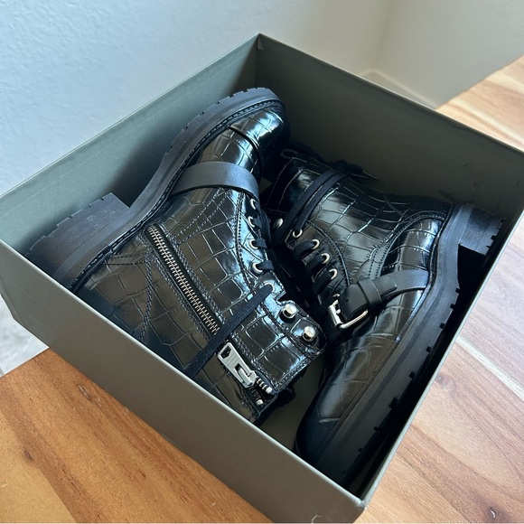 New All Saints Donita Shiny Croc Buckle Boots - Picture 3 of 7
